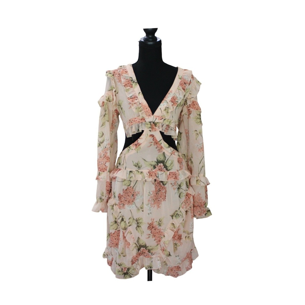 Floral Cutout Lace Up Back Dress Ruffle Sheer Fairycore Coquette Festival Medium